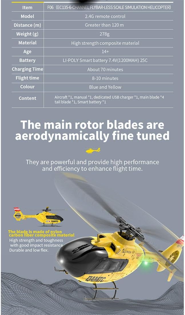 YUXIANG F06 EC-135 RC Helicopter for Adults, 1/36 Scale 2.4G 6CH Direct-Drive Brushless Remote Control Helicopter, 3D Stunt Flybarless Aircraft Model with Optical Flow & Altitude Hold (RTF Version)