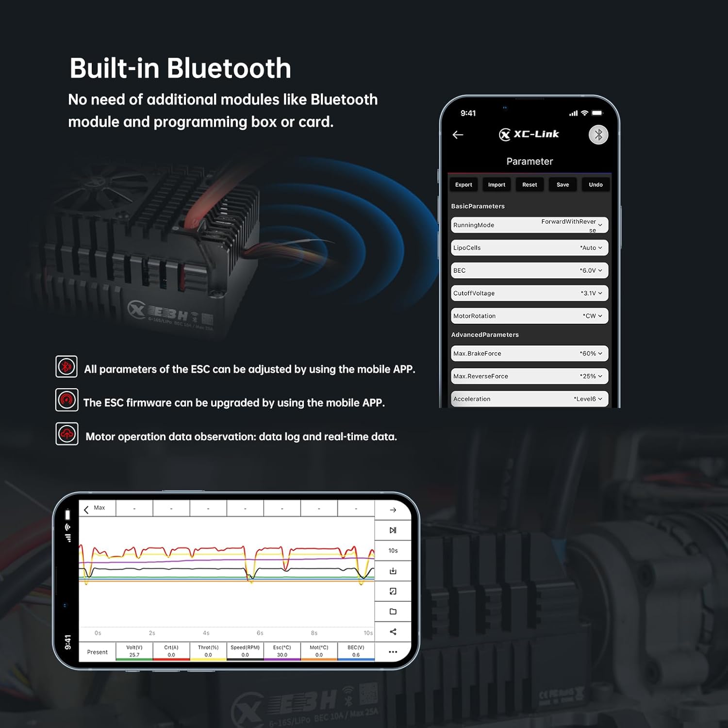 XC E3H Sensored Electric Brushless Motor Controller for RC Car, 6-16S Lipo,300A Continuous Current,10-25A、6.0/7.4/8.4V BEC,Applicable to 1/5,Support Turbo Timing and APP Control