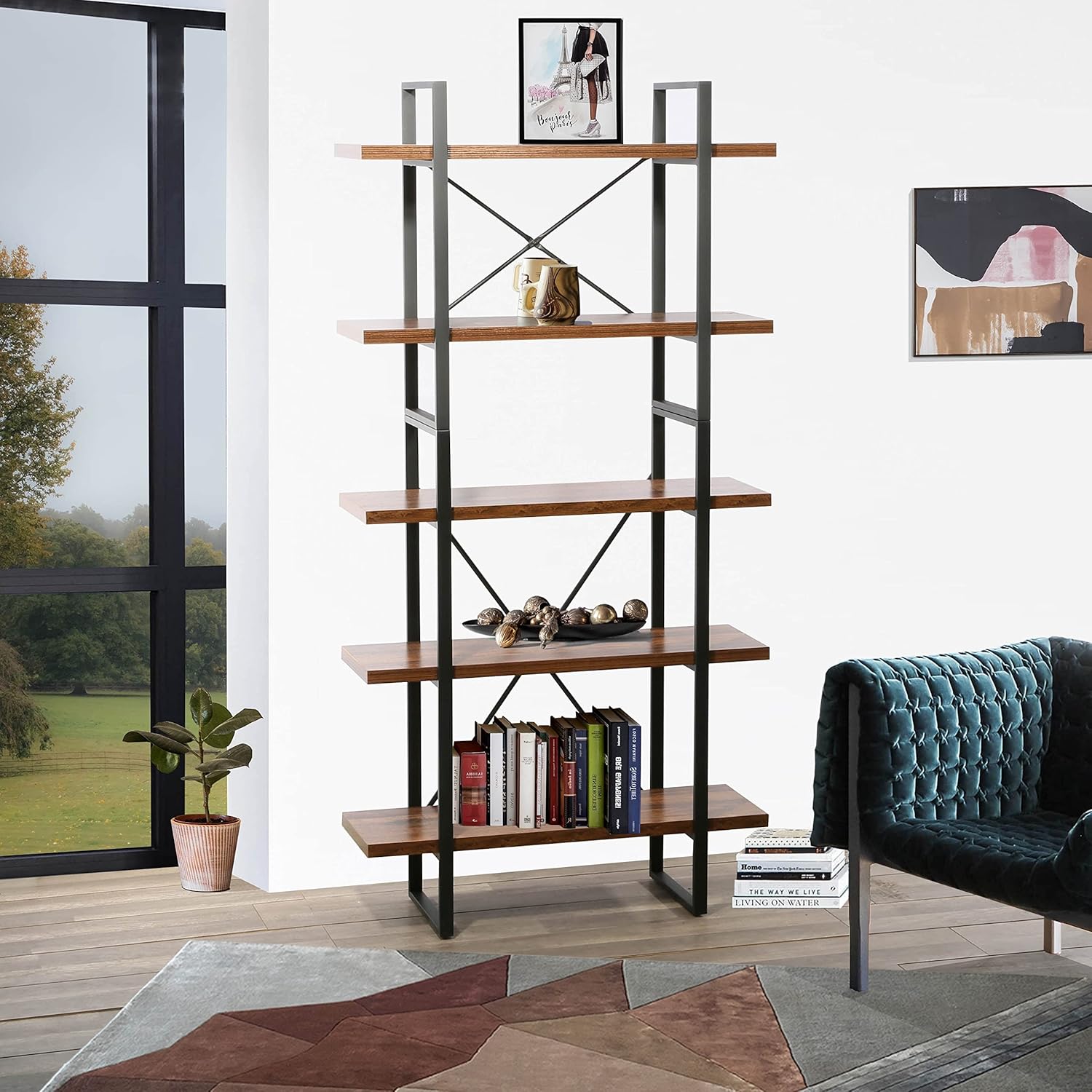 Adjustable Antique Walnut Wood and Metal Display Steel Bookcase 71.06'' X 35'' 12.52'' Brown Natural Mid-Century Modern Contemporary MDF