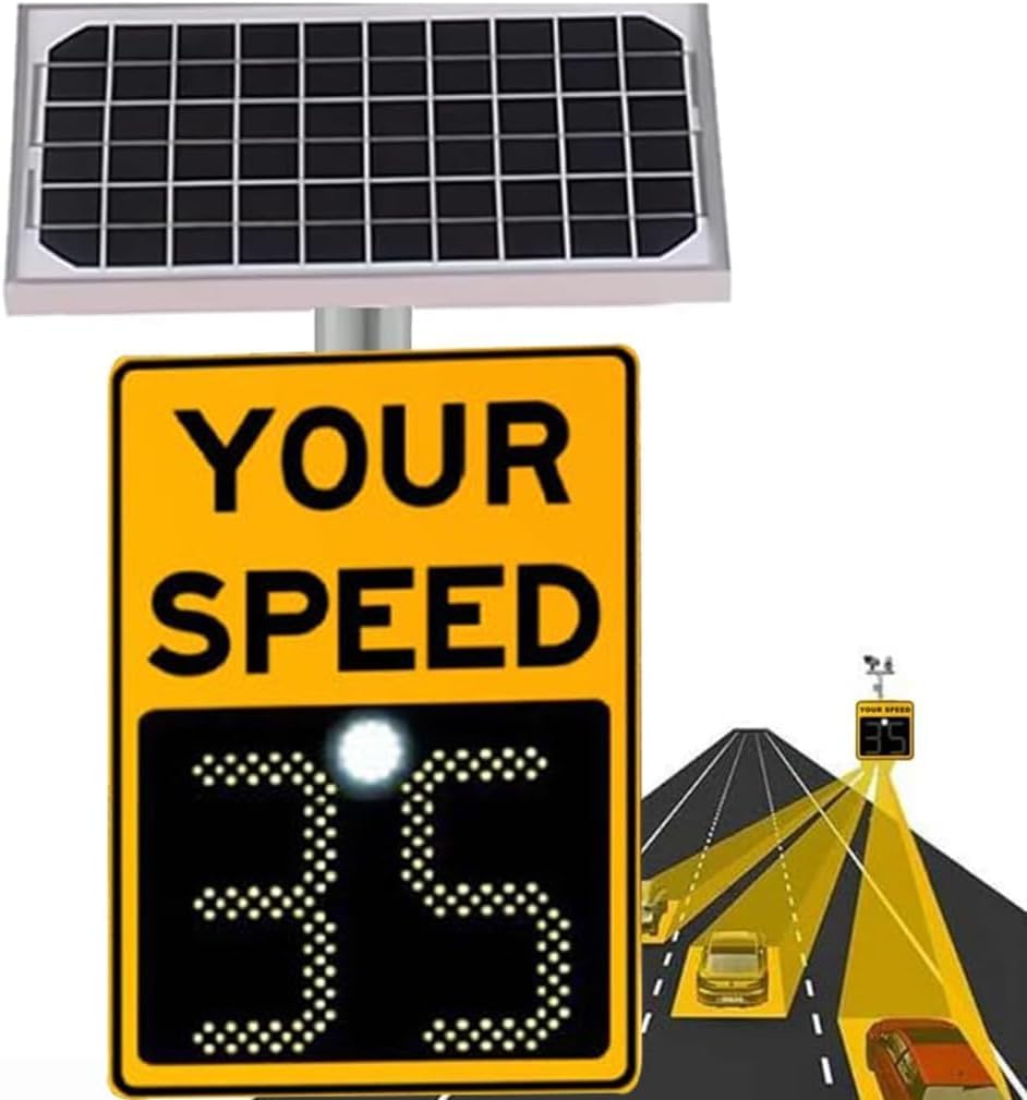 Solar Powered Radar Feedback Sign - LED Your Speed Speed Limit Indicator, Road Warning Radar Sign for Street School Zone Highway Parking, Yellow