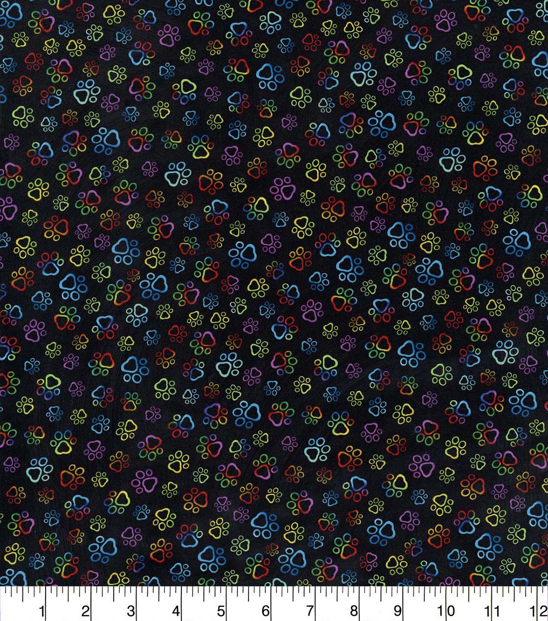 Hi Fashion Multicolor Outlined Paw Prints Novelty Cotton Fabric