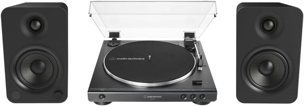 Audio Technica AT-LP60X-BK Fully Automatic Belt-Drive Stereo Turntable with Kanto ORAMB 100W Powered Reference Desktop Computer Speakers - Bundle