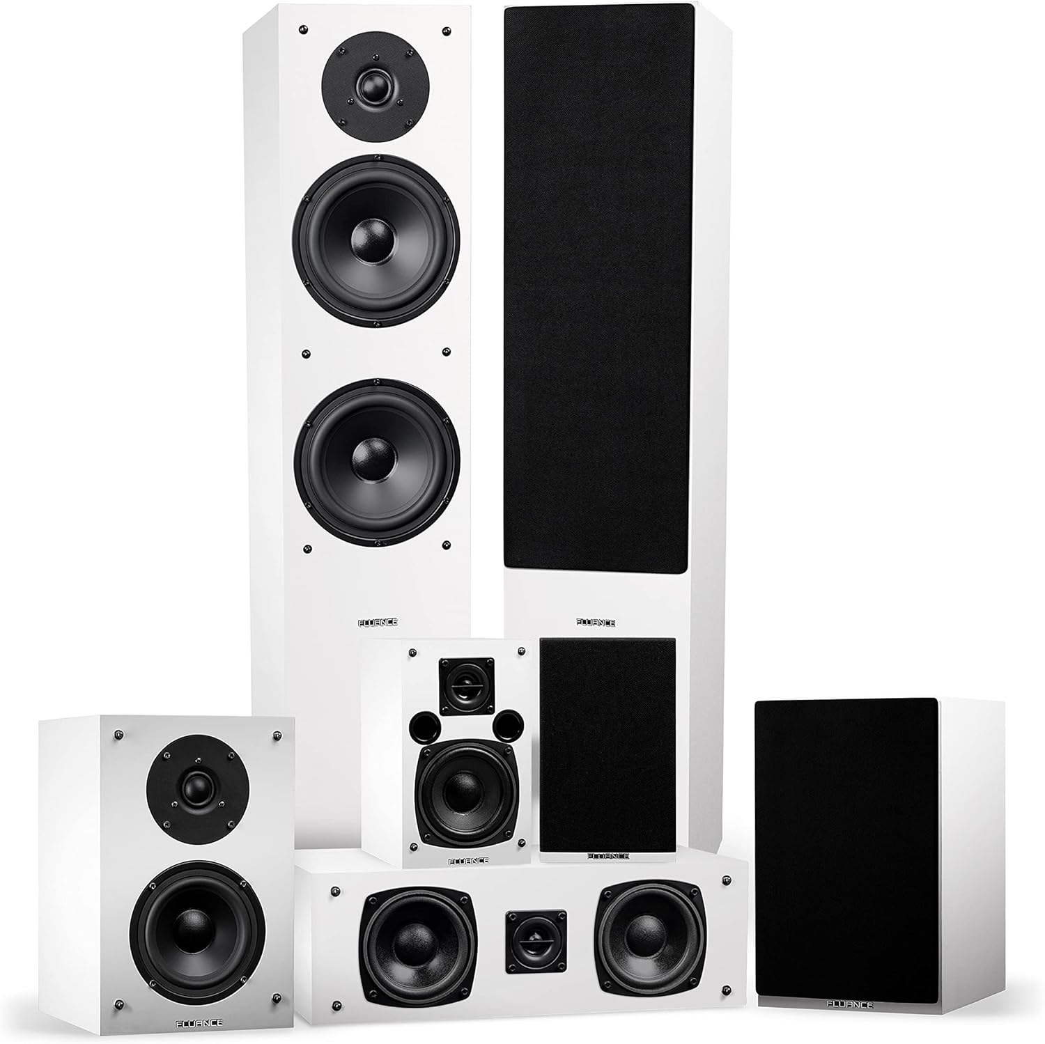 Fluance Elite High Definition Surround Sound Home Theater 7.0 Channel Speaker System Including Three-Way Floorstanding Towers, Center Channel, Surround and Rear Surround Speakers - White (SX70WHR)