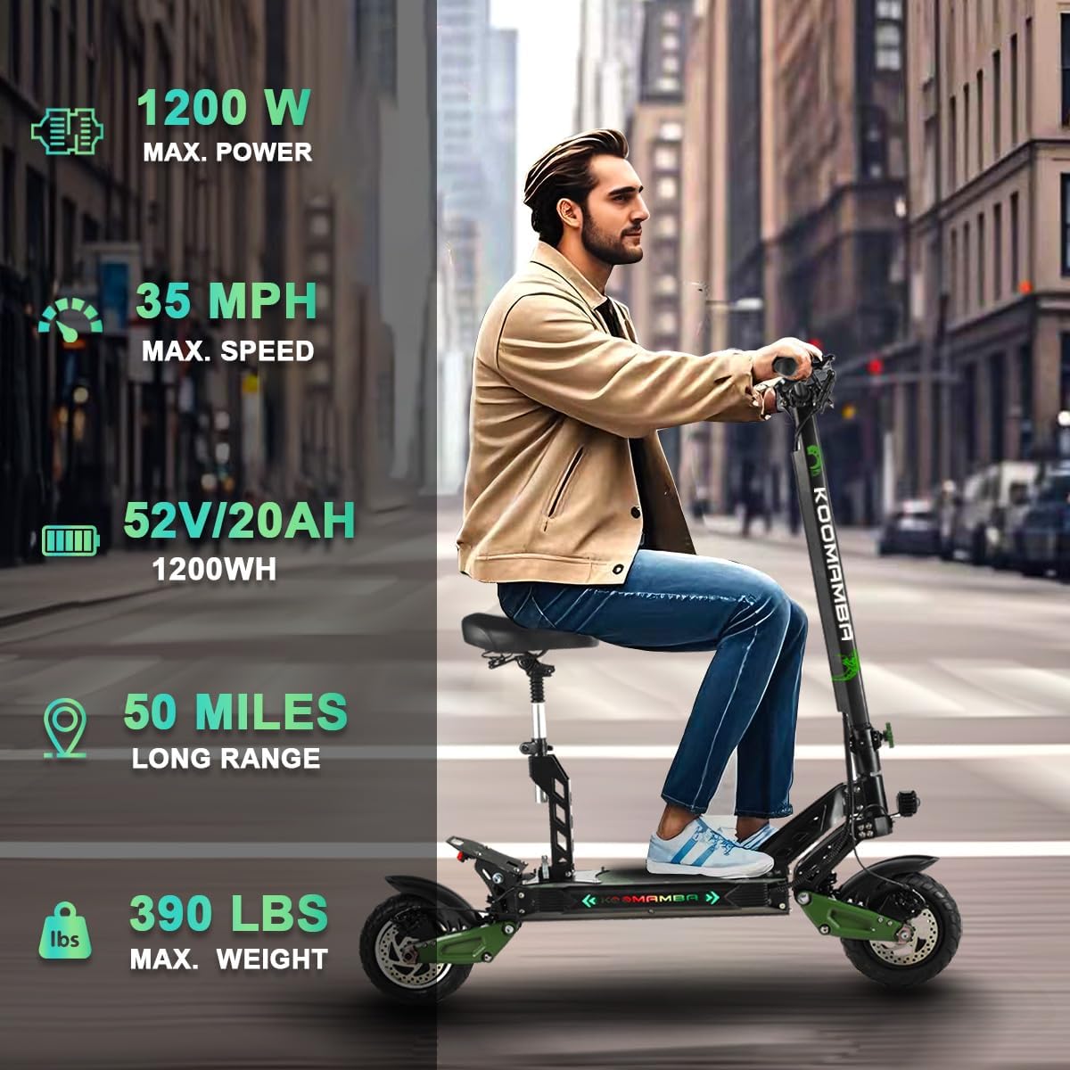 ZU06 1200W Electric Scooter with Seat Up to 35 MPH, 52V/20Ah Battery 50 Miles Long Range, NFC Smart Unlock & Dual Disc Brakes, 10