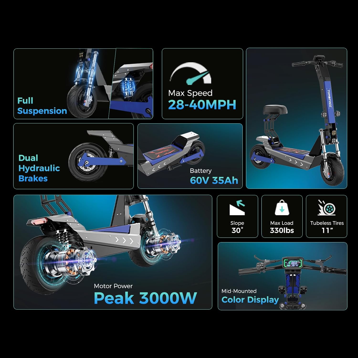 L7S 3000W Motor Escooter Adult, Max 40 MPH/45Miles, 60V 35Ah Large Battery, Full Suspension, Hydraulic Brakes, 11