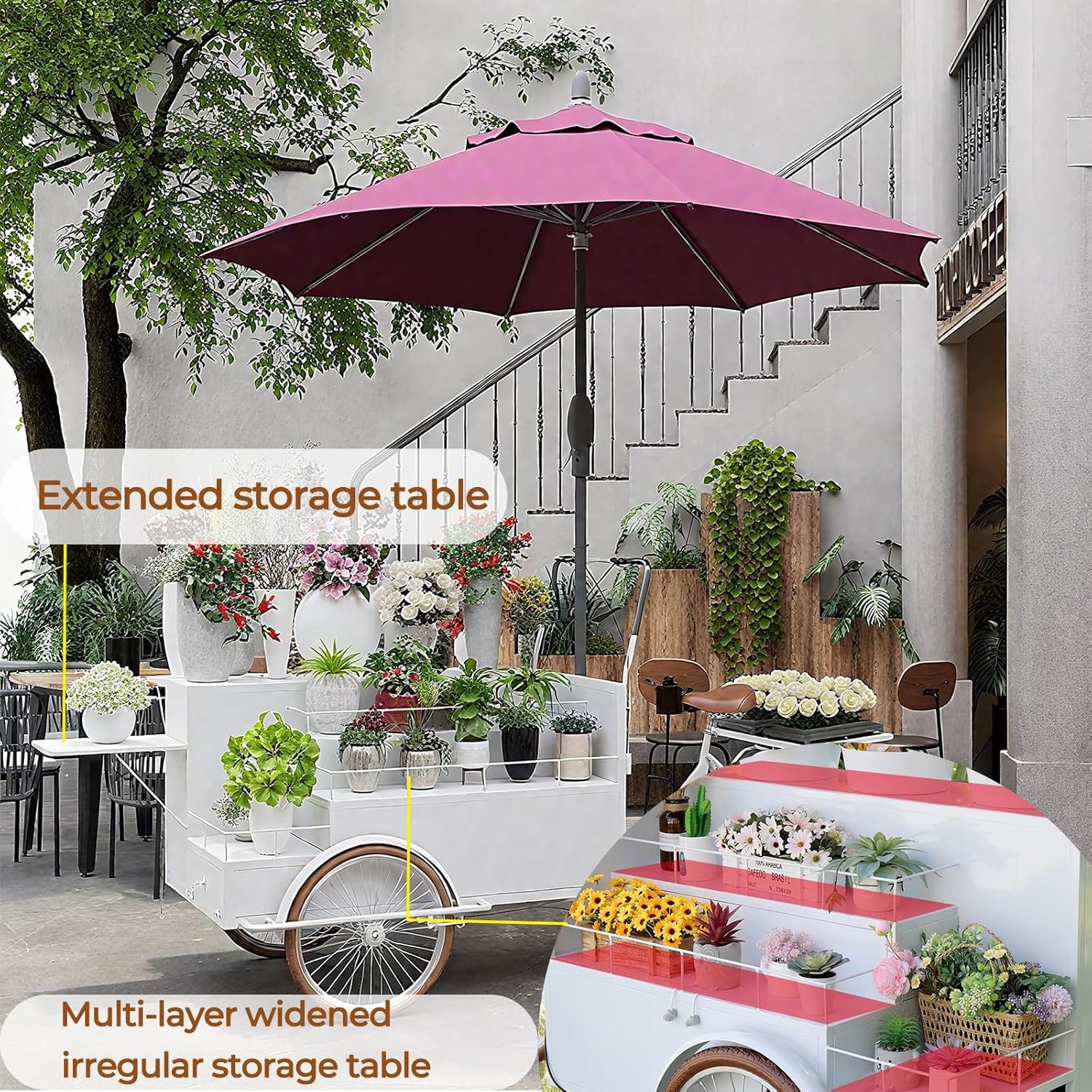 Mobile Tricycle for Vending, 3 Wheel Drinks and Snacks Bike, Large Capacity Pedal Bicycle Cart with Umbrella for Food Sales Interior Decoration,C
