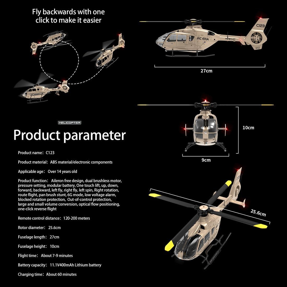RC Helicopter for Adult, C123 1/36 Scale EC135 Remote Control Helicopter 2.4G 6CH Single-Rotor Gyroscopic Flying Aircraft Brushless Motor Airplane for Beginners -RTF Version