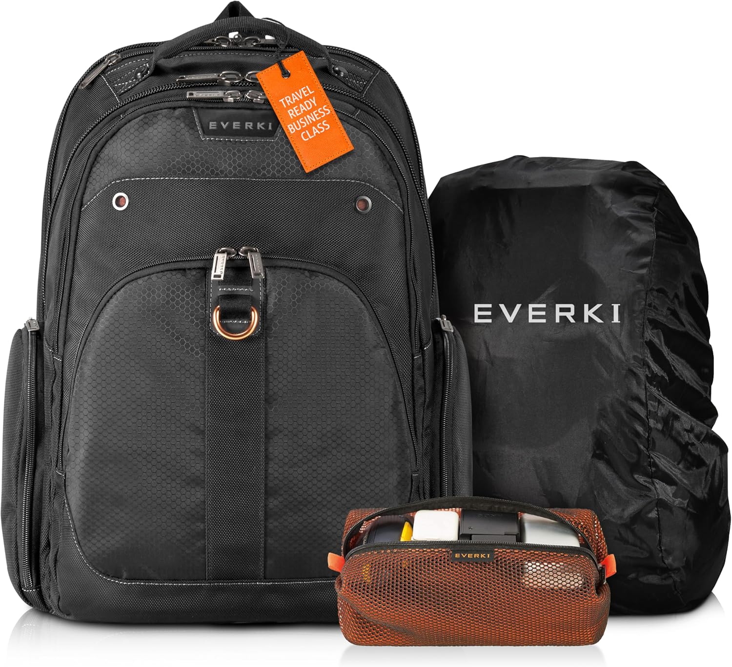 EVERKI Atlas Business Laptop Backpack (EKP121S15) with Orange Accessory Pouch & Rain Cover - Men's Backpack with 11