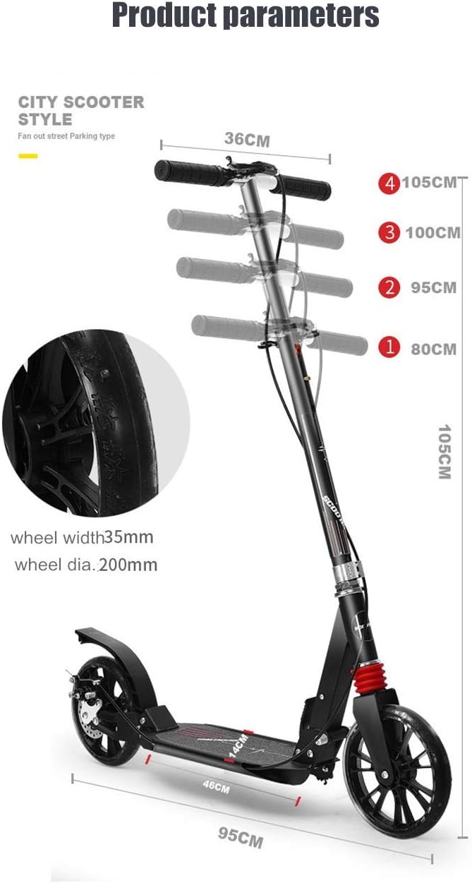 Two Wheels Folding Kick Scooter for Adults Kids Portable Foot Scooter Height Adjustable Aluminum Alloy Disc Brake PU Wheels (Color : B Size : Disc Brake White) (A Foot Brake White)