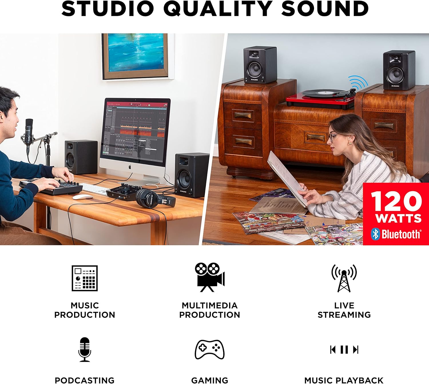 M-AUDIO BX4 Pair Bluetooth Studio Monitors Bundle with Dual XLR Audio Interface for Studio Recording, Music Production, Podcasting and Streaming