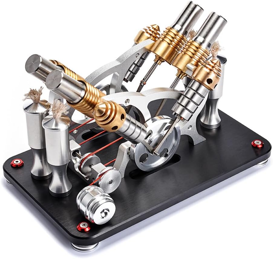 Stirling Engine Model Kit That Works, Metal Bootable V4 4-Cylinder Parallel External Combustion Engine with LED Generator, Physics Education Experiment Display for Adults