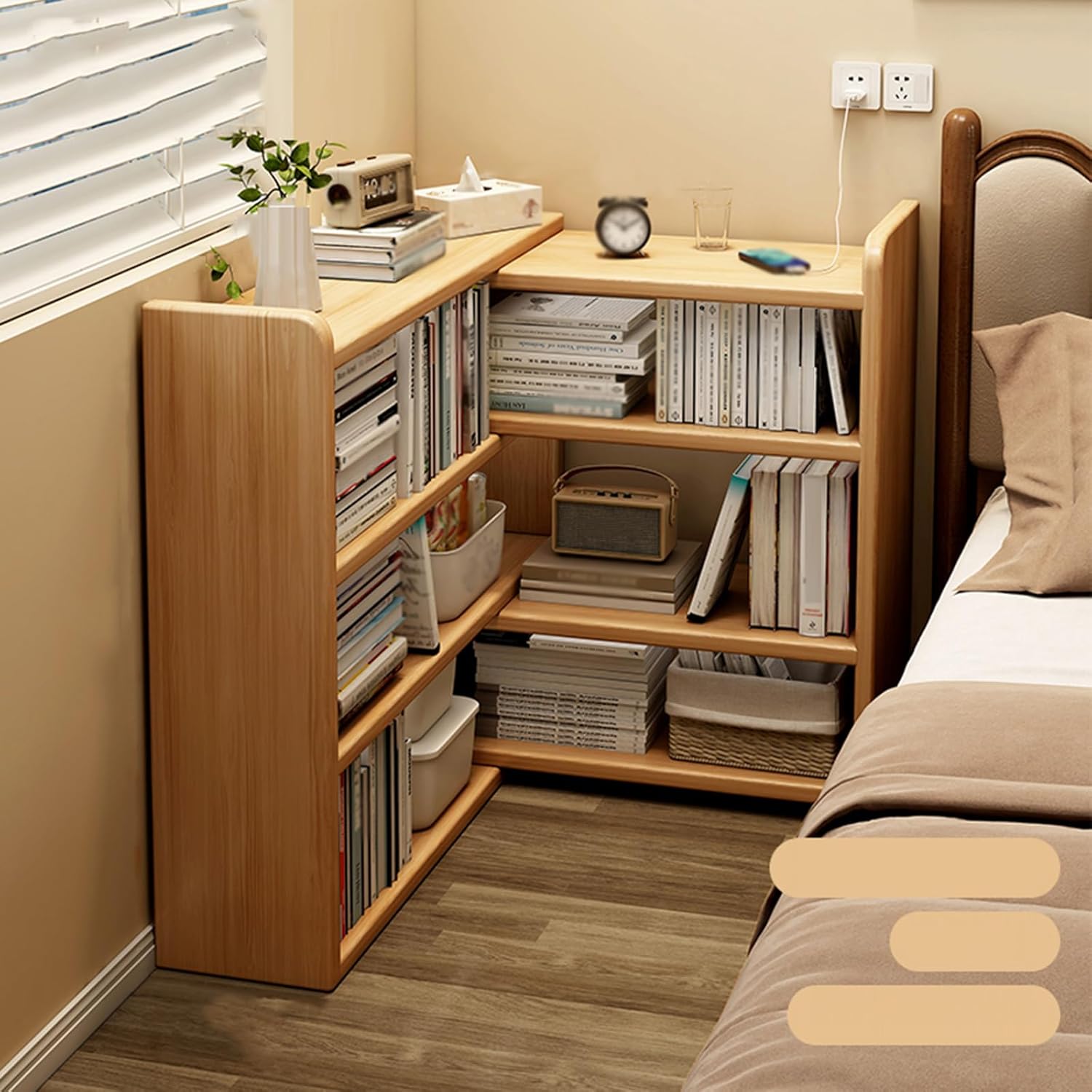 Wooden Extendable Shelf Bookcase, Solid Wood Corner Bookshelf, 4-Tier Ladder Short Bookshelf, Freestanding Storage Unit with Open Shelf for Small Space, Corner (Original Wood-23.6