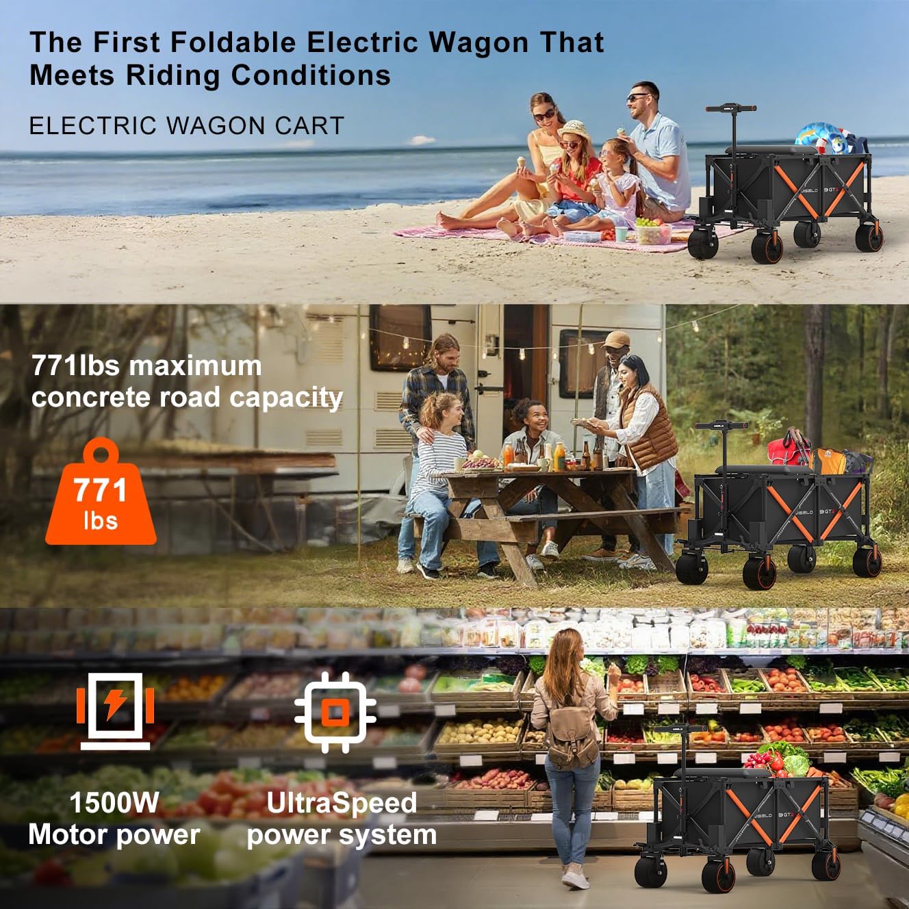 WISELD GT3 Electric Wagon Cart with Seat, Dymanic Load 551LBS/Static 771LBS All Terrain Wagon, Reverse Function, Precision Steering, 2 Modes for Shopping, Sports, Garden, Camping