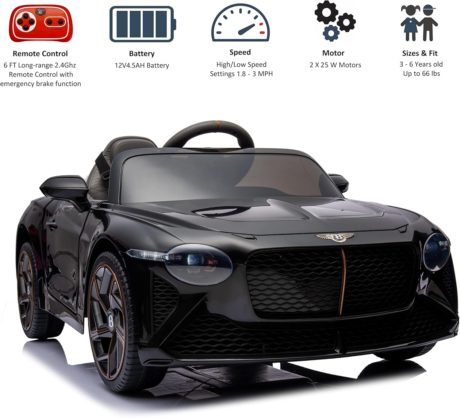 Licensed Bentley Bacalar Kids Ride on Toy Car, 12V Rechargeable Battery Powered Children Electric 4 Wheels w/Parental Remote Control, Foot Pedal, 2 Speeds, Music, LED Headlights (Black)