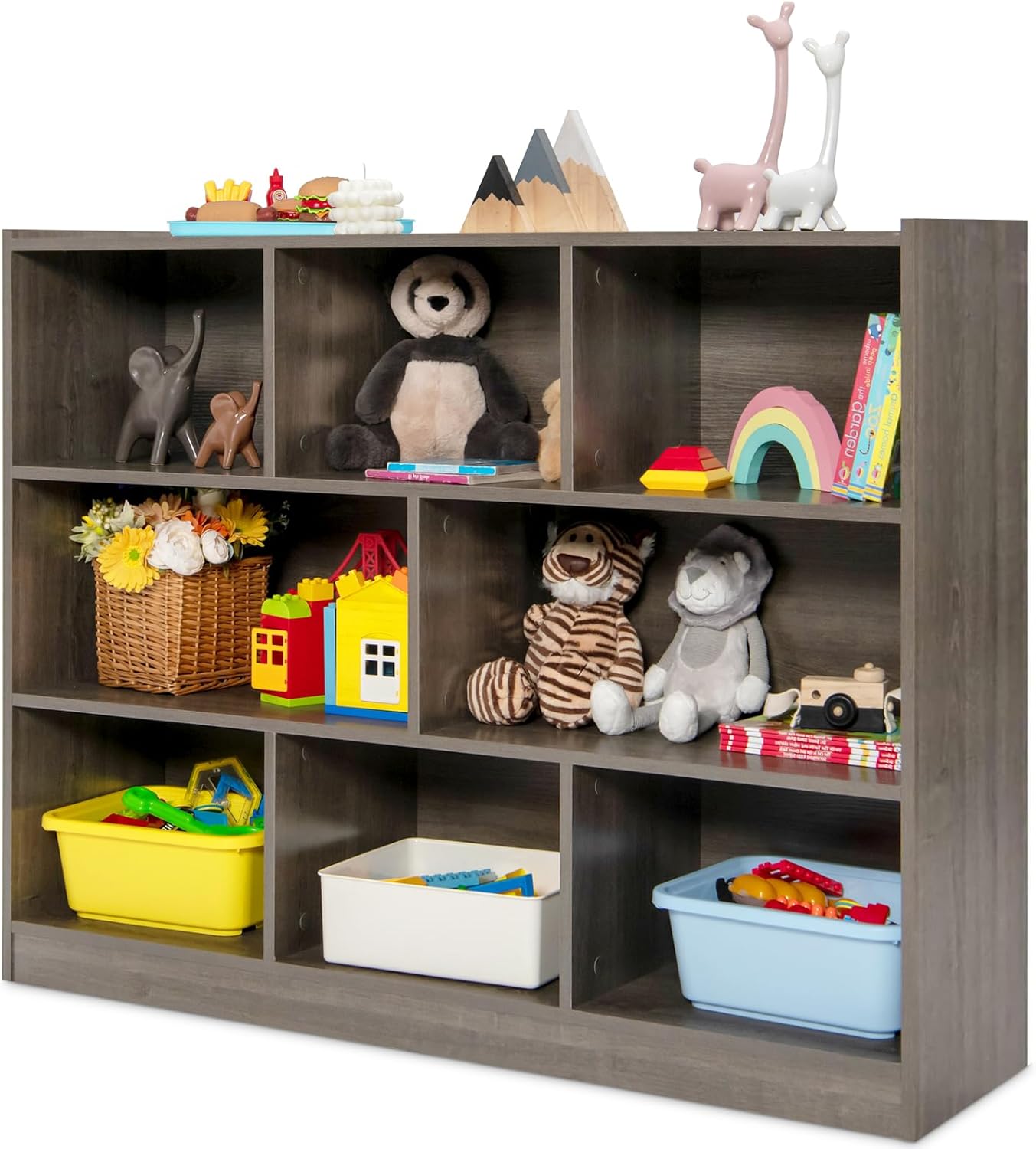 Costzon 3-Shelf Bookcase for Kids, Wooden Toy Storage Organizer for Books Toys, 8-Section Freestanding Classroom Daycare Montessori Bookshelf for Preschool, Home Playroom & Kindergarten (Grey)