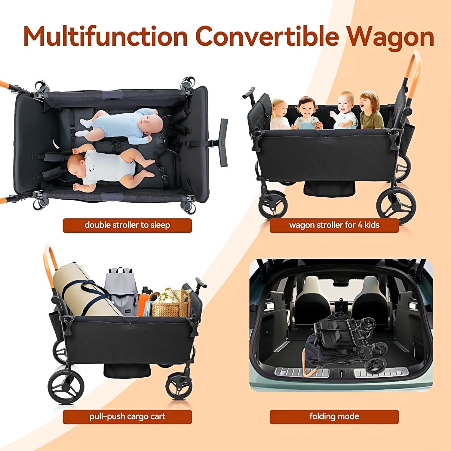 Stroller Wagon for 4 Kids Seated-Tandem Fold Stroller Push-Pull Lightweight Travel Trolley with 5-Point Harness,Adjustable Handle and Canopy,Mosquito Net,Footwells,Child Tray,Cup Holder,Storage