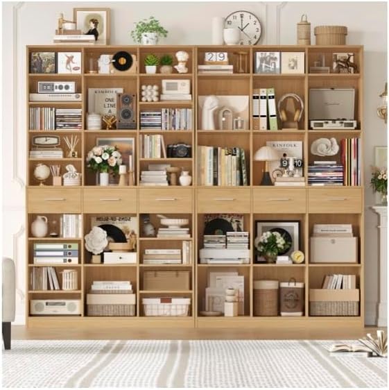 75-Inch Bookshelf and Bookcase with 3 Drawers, Wooden Storage Book Shelf with Adjustable Shelves for Living Room, Home Office (Natural Wood)