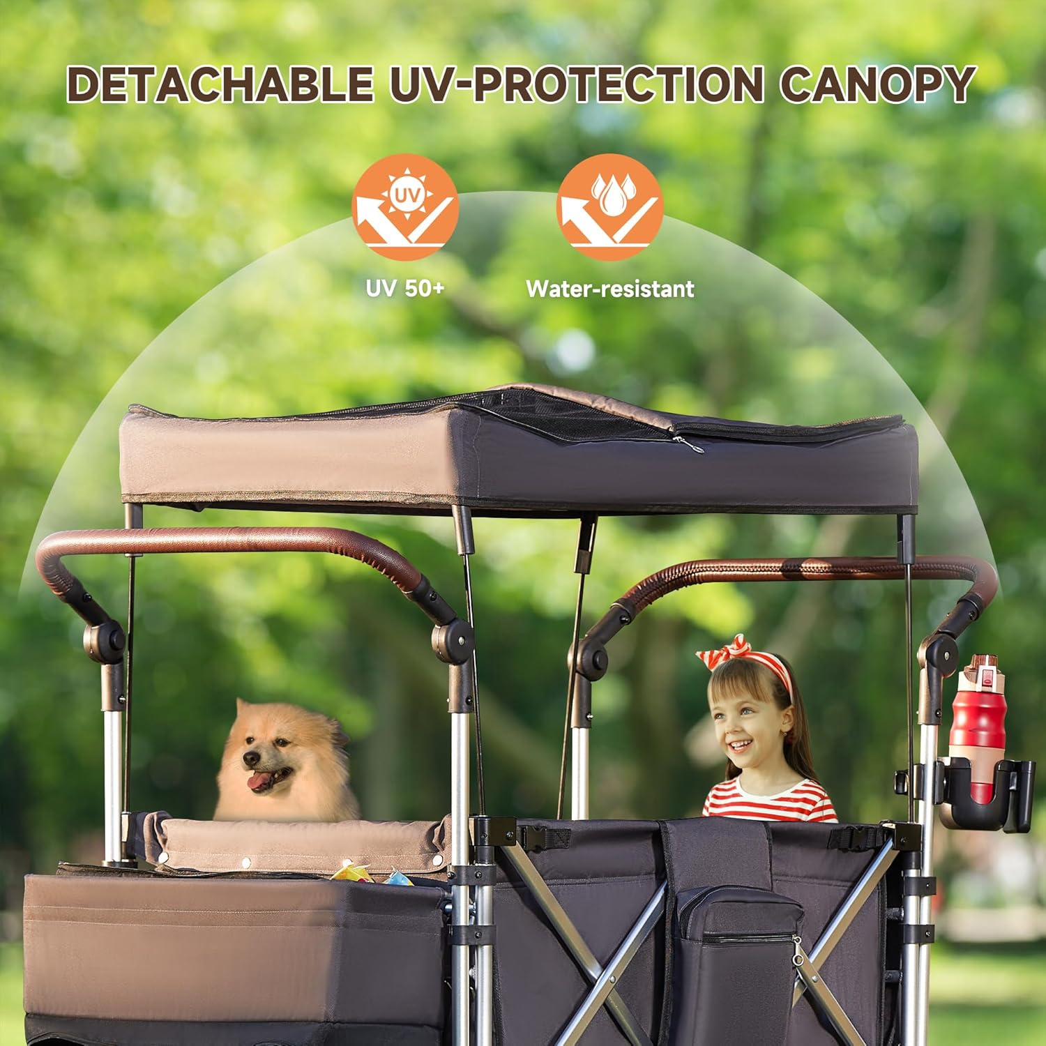 Real Relax 4 Seater Wagon Stroller for Kids, Foldable Kids Wagon with 5-Point Safety Harness, All-Terrain Stroller Wagons with Removable UV-Protection Canopy, Adjustable Handlebar