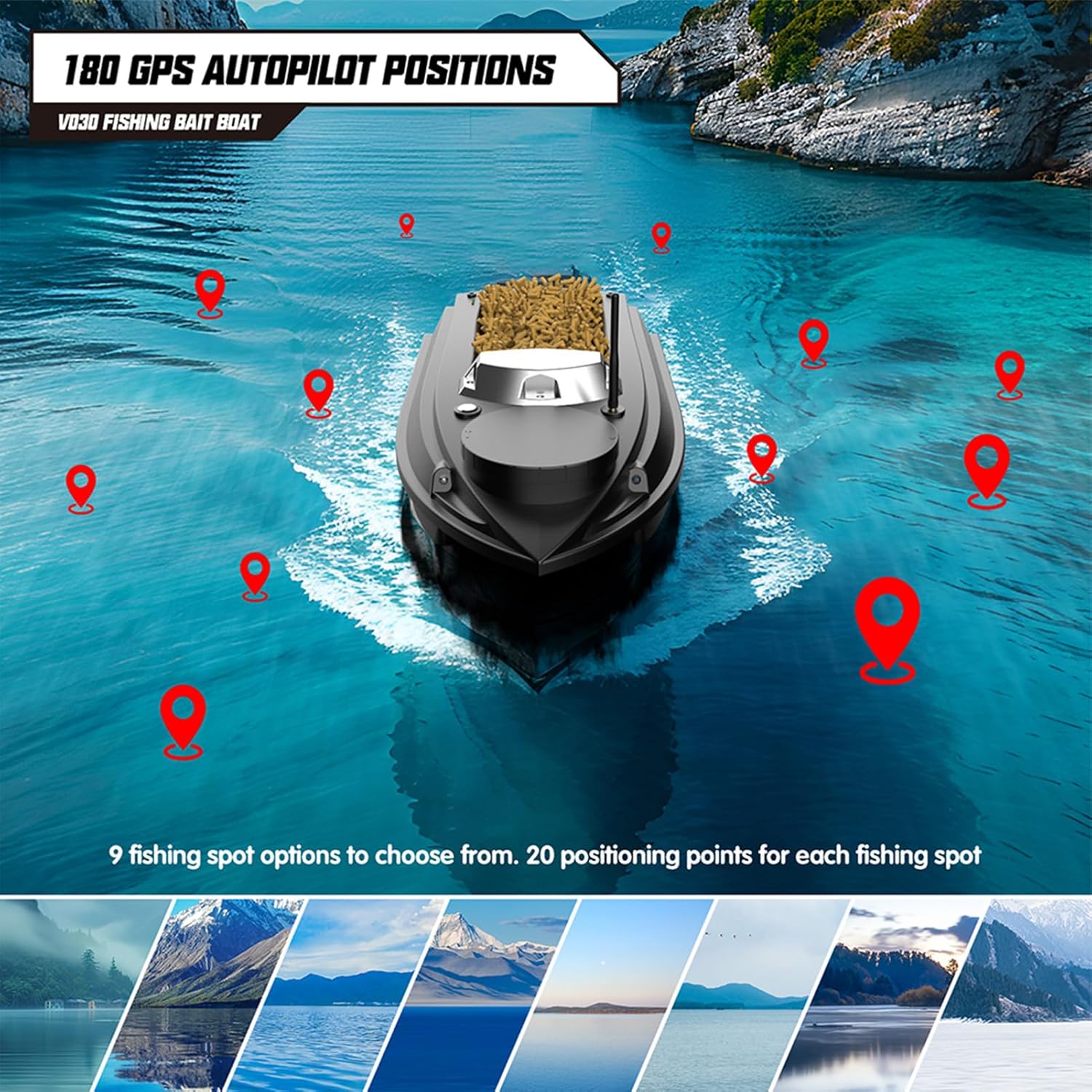 GoolRC V030 Remote Control Bait Boat, 2.4Ghz GPS Fishing Boats with Auto Return, LCD Screen, 6.6lbs Load Capacity, LED Lights, 2624ft Long Range Control RC Bait Boat for Adults