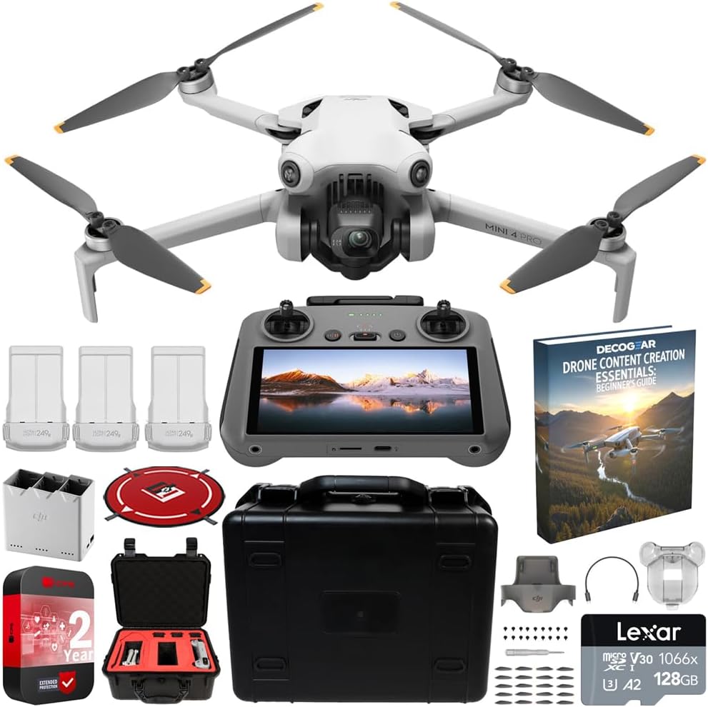 DJI Mini 4 Pro Folding Drone with RC 2 Remote (Screen) Fly More Combo, 4K Video Camera, Under 249g, 3 Battery Bundle with Deco Gear Custom Hard Case + Content Creation Beginner's Guide & Accessories