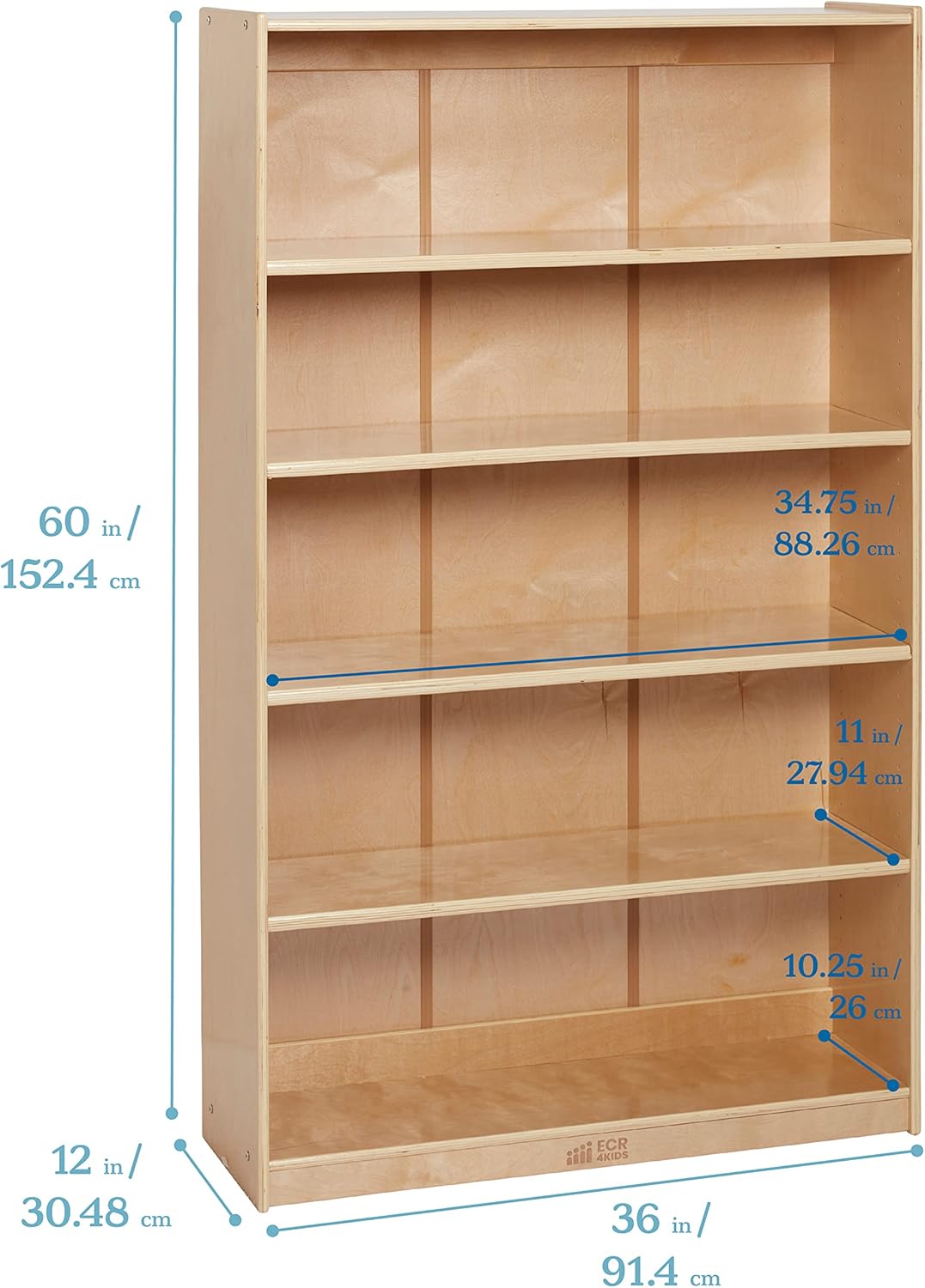 ECR4Kids Classic Bookcase, 60in, Adjustable Bookshelf, Natural