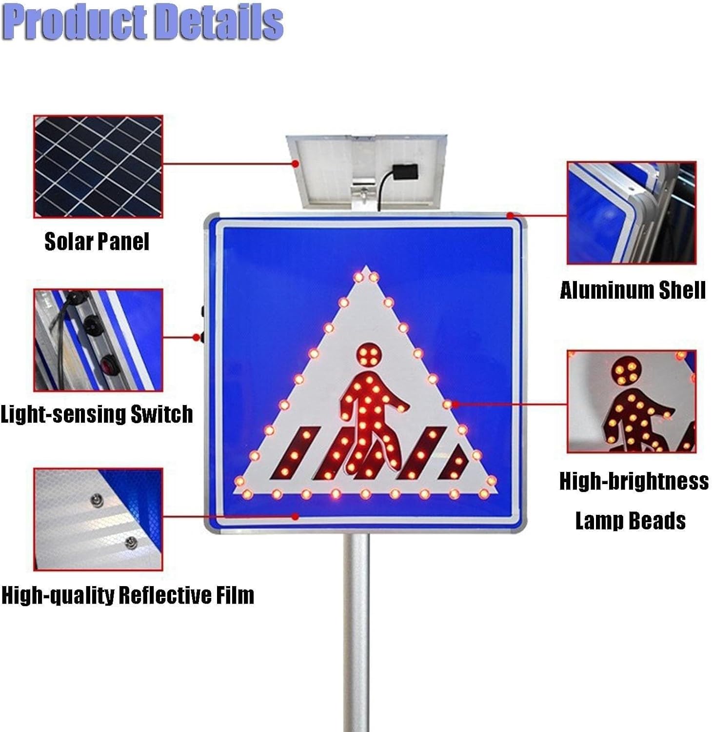 Solar Powered LED Crosswalk Sign, Aluminum Crosswalk Sign, 3M Engineering Grade Reflective Material, Rust-Resistant Metal Frame
