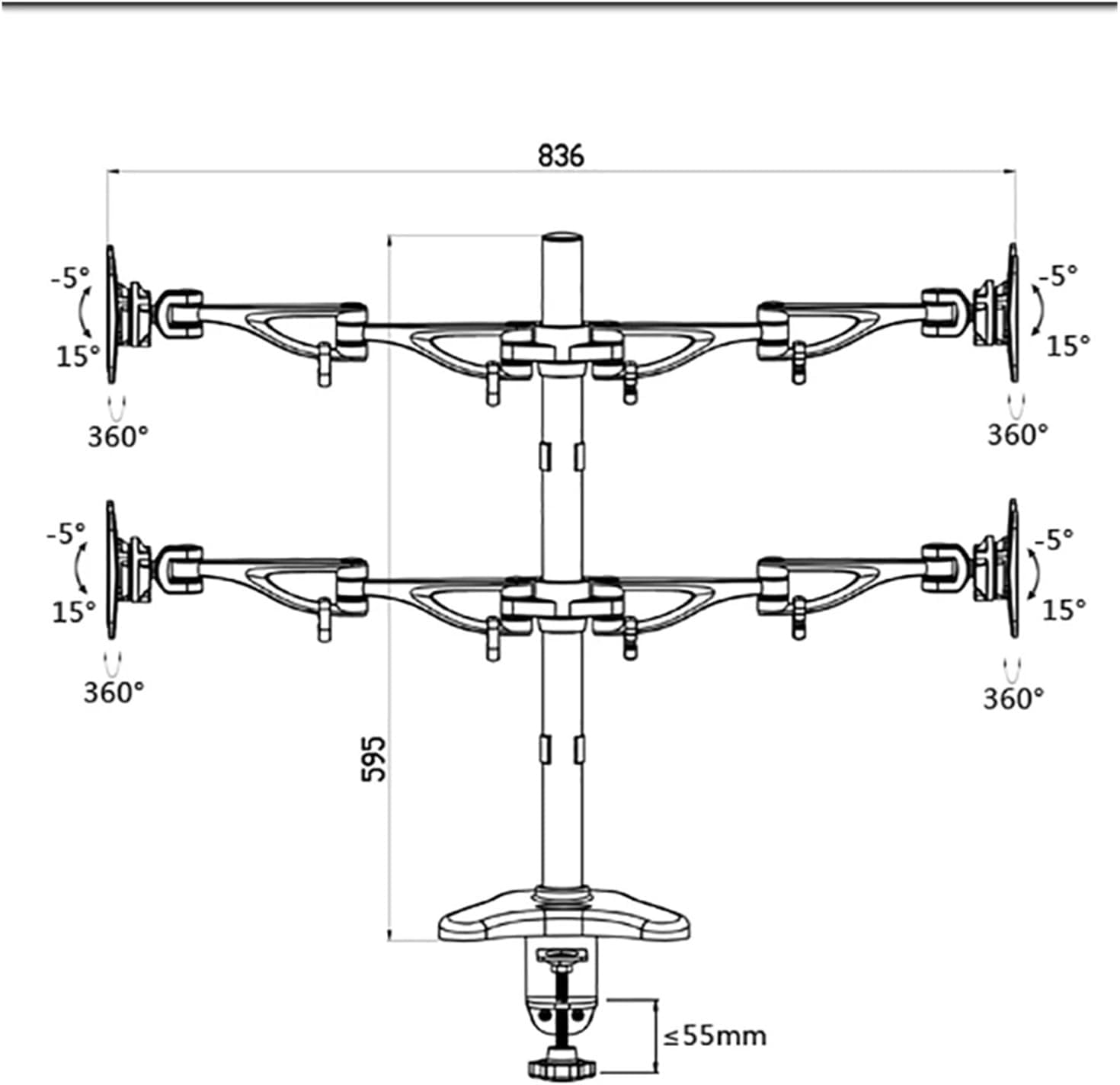 DLB204 Aluminum Alloy Full Motion 4 Screen Monitor Stand Desk Clip and Grommet LED LCD Monitor Mounting Bracket