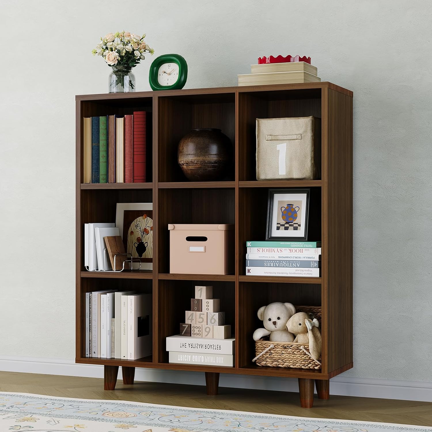 GarveeHome Cube Bookshelf, 9 Cube Storage Organizer Shelf, Freestanding Open Bookcase, Display Cabinet Organizer with Base, for Living Room, Bedroom, Home Office