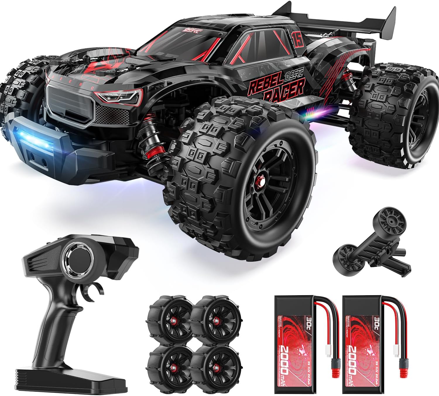 DEERC Fast RC Car for Adults, 1/14 Brushless 4WD Off-Road RC Truck, 46+ MPH High Speed Waterproof All Terrain RC Truggy with 2×3S LiPo Batteries