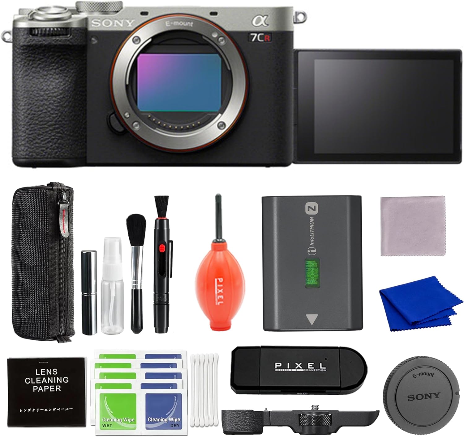 Sony Alpha 7CR Full-Frame Interchangeable Lens Hybrid Camera (Silver) with Advanced Accessories and Travel Bundle with Pixel Hurricane Blower, Pixel Cleaning Kit & More | sony Alpha 7cr