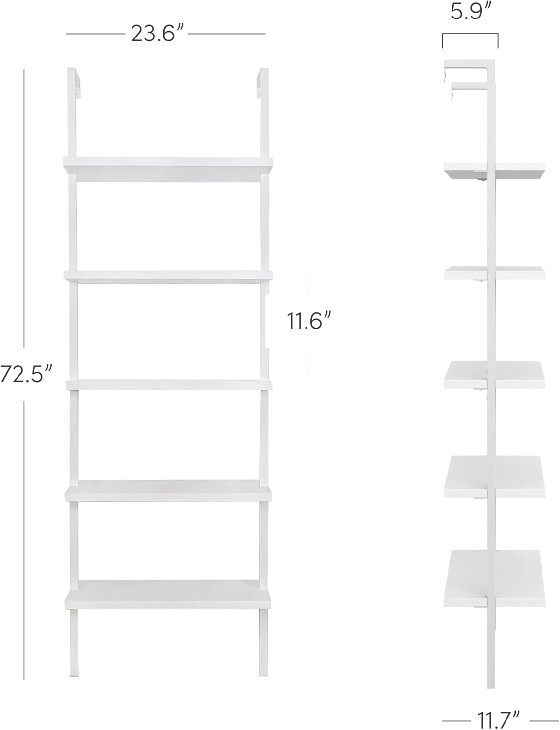 Nathan James Theo 5-Shelf Modern Bookcase, Open Wall Mount Ladder Bookshelf with Industrial Metal Frame, White, Set of 4