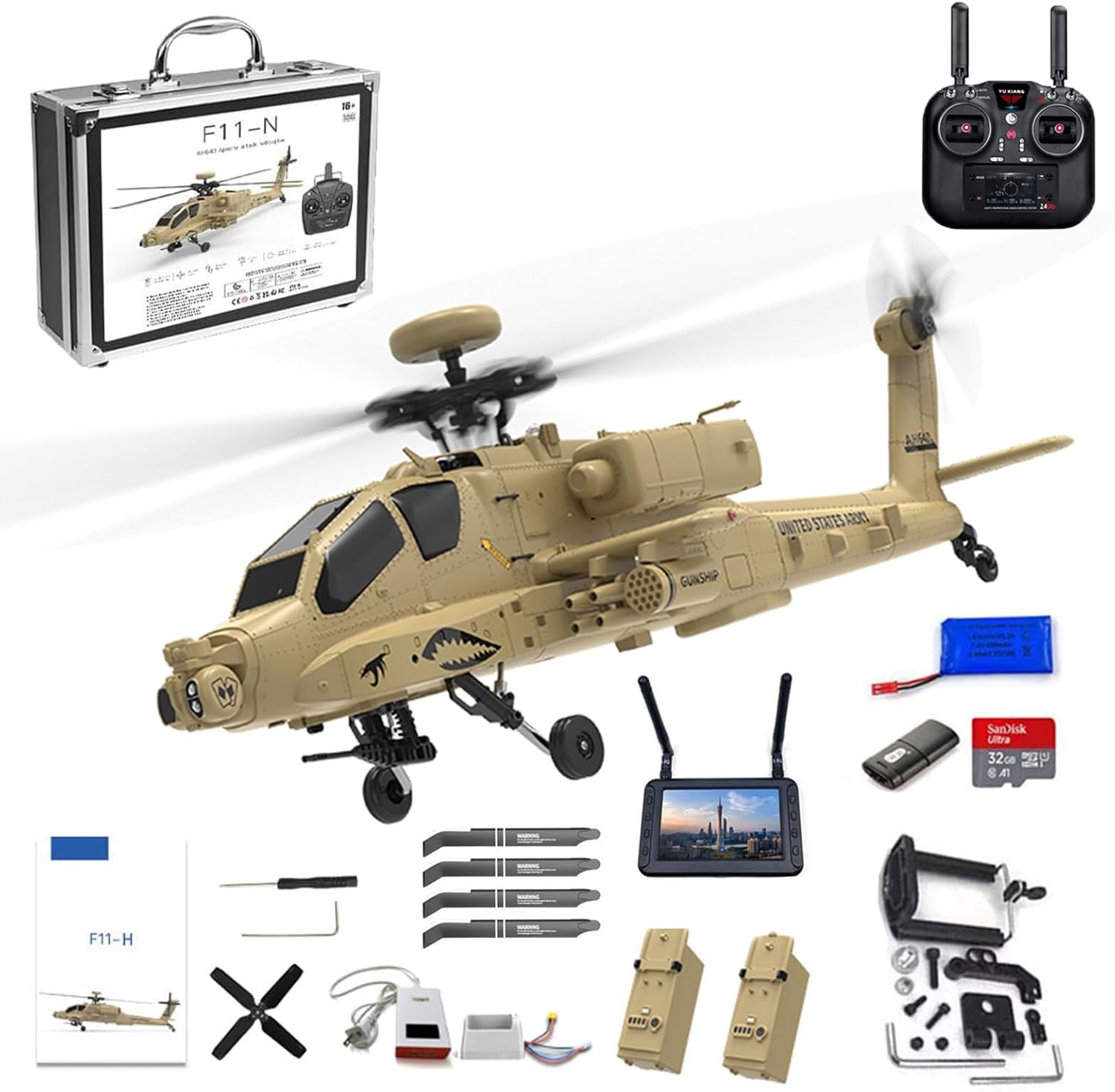 RC Apache Helicopters Flight Controller 2.4G 4CH Single Rotor Heli Military Aircraft with One-Key Start Altitude Hold Remote Model Birthday Gift for Adults & Beginners(with Camera)