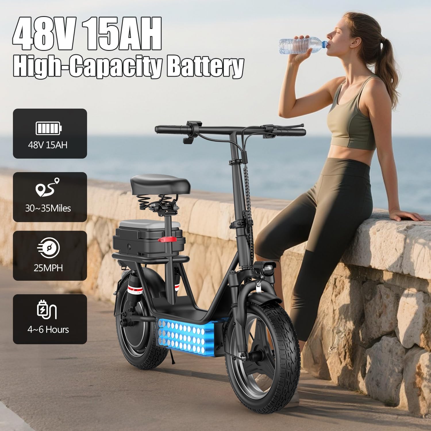 Electric Scooter with Seat for Adults Teens, 1000W Peak Motor, Up to 25 MPH 35 Miles, Wider Platform, Advanced Dual Suspensions, Bright Lights, Conspicuous Brake Lights, Get Comfortable and Safe Ride