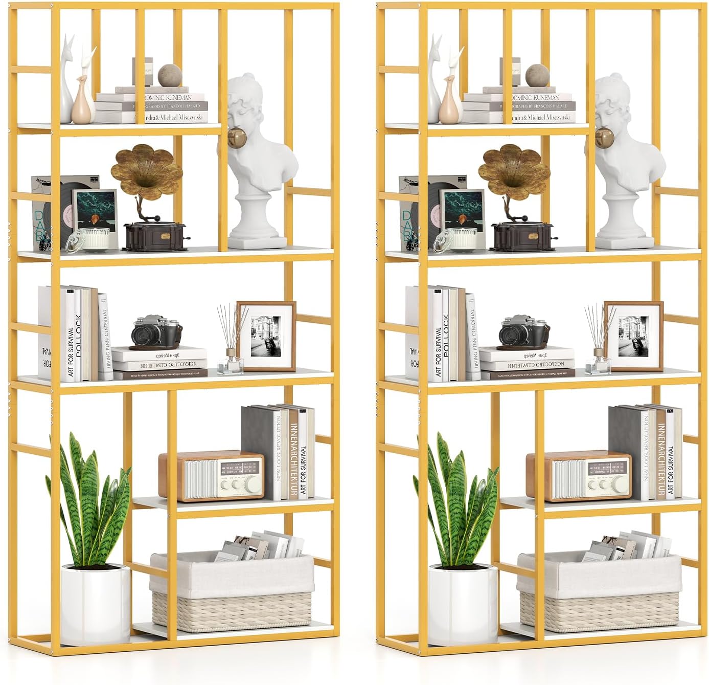 Tangkula 71” Tall Bookshelf, 5-Tier Geometric Bookcase with Open Display Shelf and Metal Frame, Freestanding Modern Storage Organizer for Living Room & Home Office (2, White)