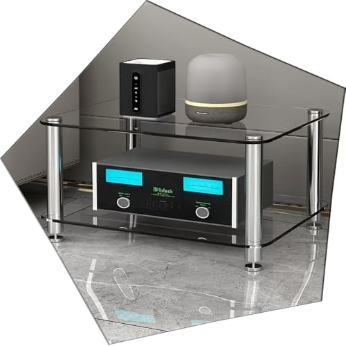 Sofa Tables Modern Wooden Console Table Clear Tempered Glass AV Shelf Stand for DVD Players Gaming Consoles and Streaming Devices 3Tier Audio Rack with Stereo Storage Shelves Media Component