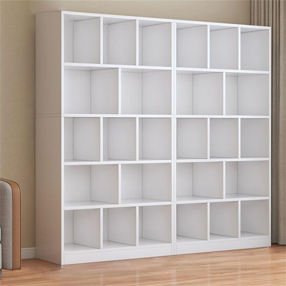 Office 5 Tiers Wood Bookshelf Shelf, Standard Contemporary Closed Back Bookcase, Floor-to-Ceiling Living Room Cabinet Bedroom Storage Cabinet Multi-Layer Bookcase (White, 79