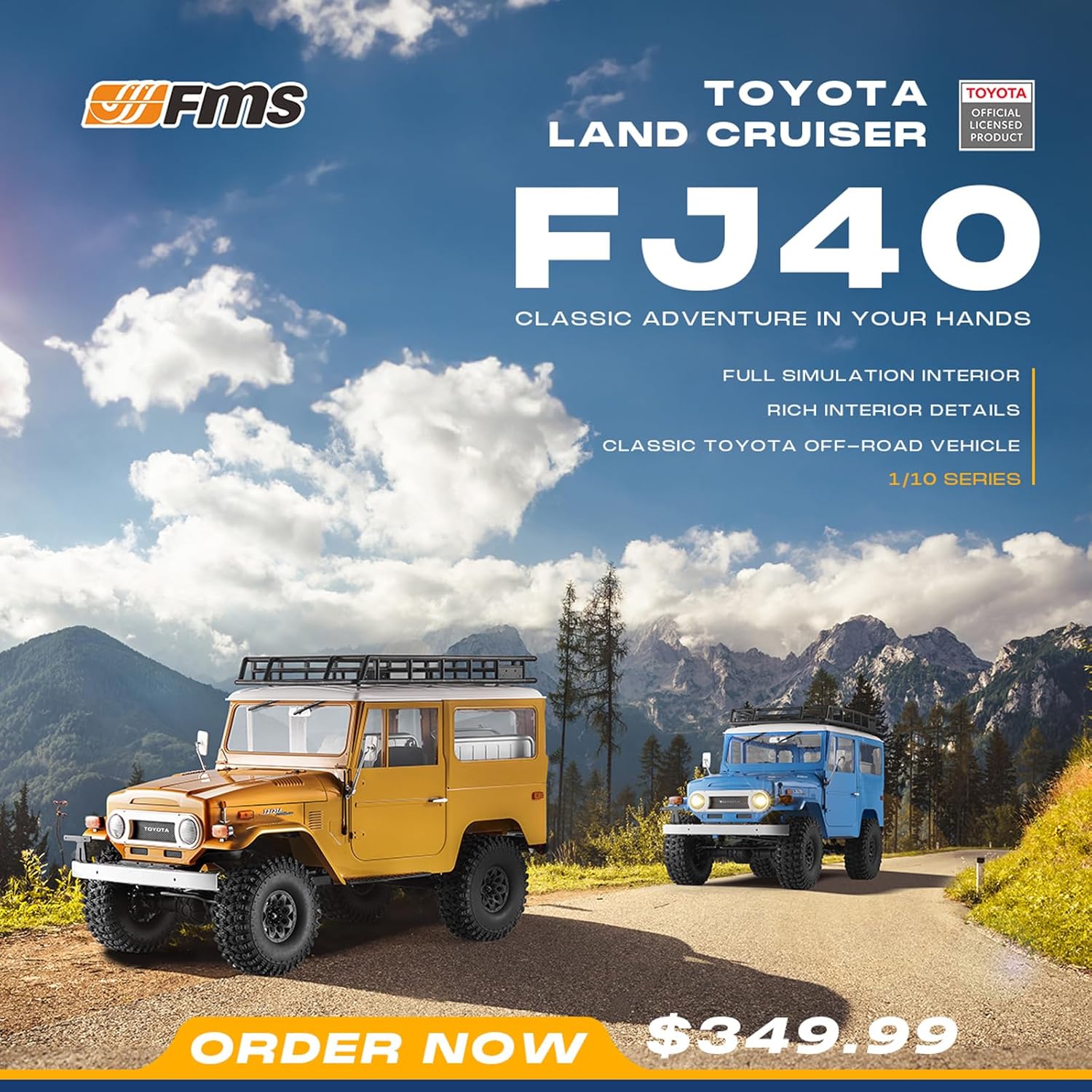 EAZYRC X FMS 1/10 Toyota Land Cruiser FJ40 RS with Licensed RC Truck Blue, All Terrain Waterproof 4WD 35T 550 Motor RC Crawler for Adult,2.4Ghz Remote Control, No Battery