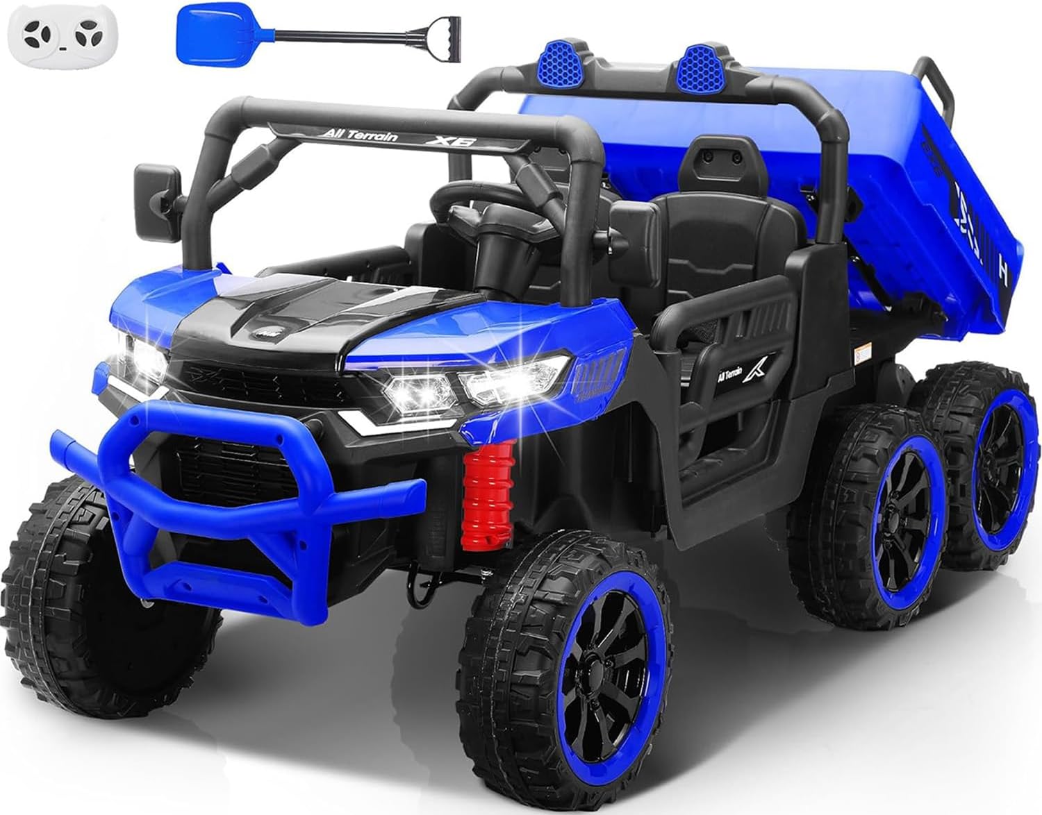 24V 2 Seater Ride on Dump Truck, 4WD 6-Wheel Ride on Toys for Big Kids with Remote Control, Ride on UTV Car with Electric Dump Bed, Toy Shovel, LED Lights & Music - Ages 3-8 (Blue)