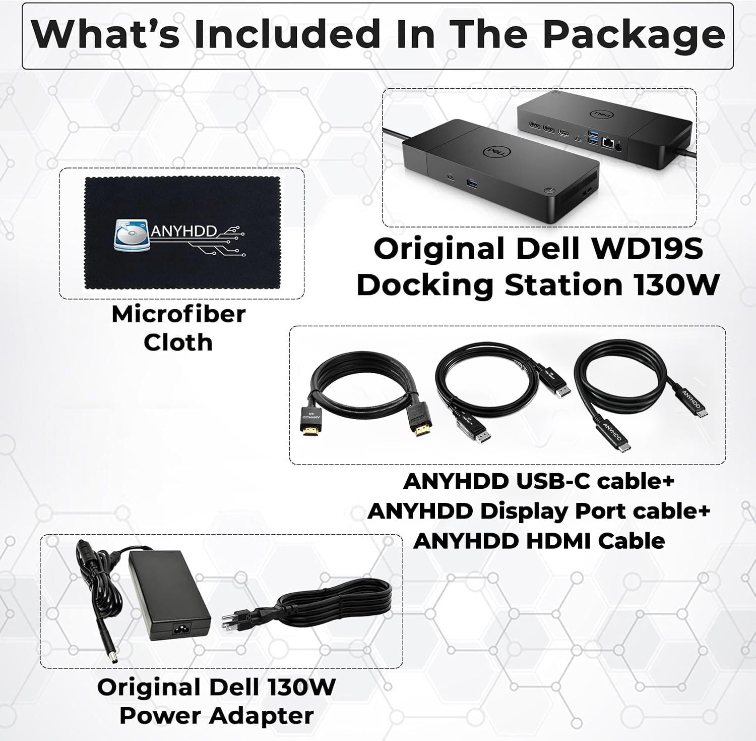 Dell WD19S Docking Station 130W (90W Power Delivery) - Dell Docking Station Dual Monitor for Laptop with 130W Power Adapter + Anyhdd HDMI Cable + DisplayPort Cable + USB-C Cable + Microfiber Cloth