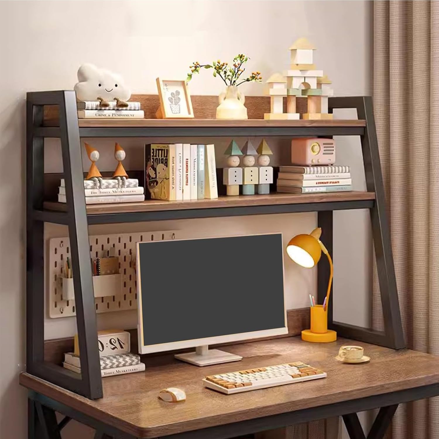 PAUANI Adjustable Desk Bookshelf - Desktop Hutch Shelf, 2-Tier Computer Desktop Bookcase Desk Organizer Shelf, Multipurpose Countertop Display Storage Rack for Home Office Dorm Use(95x32x90cm)