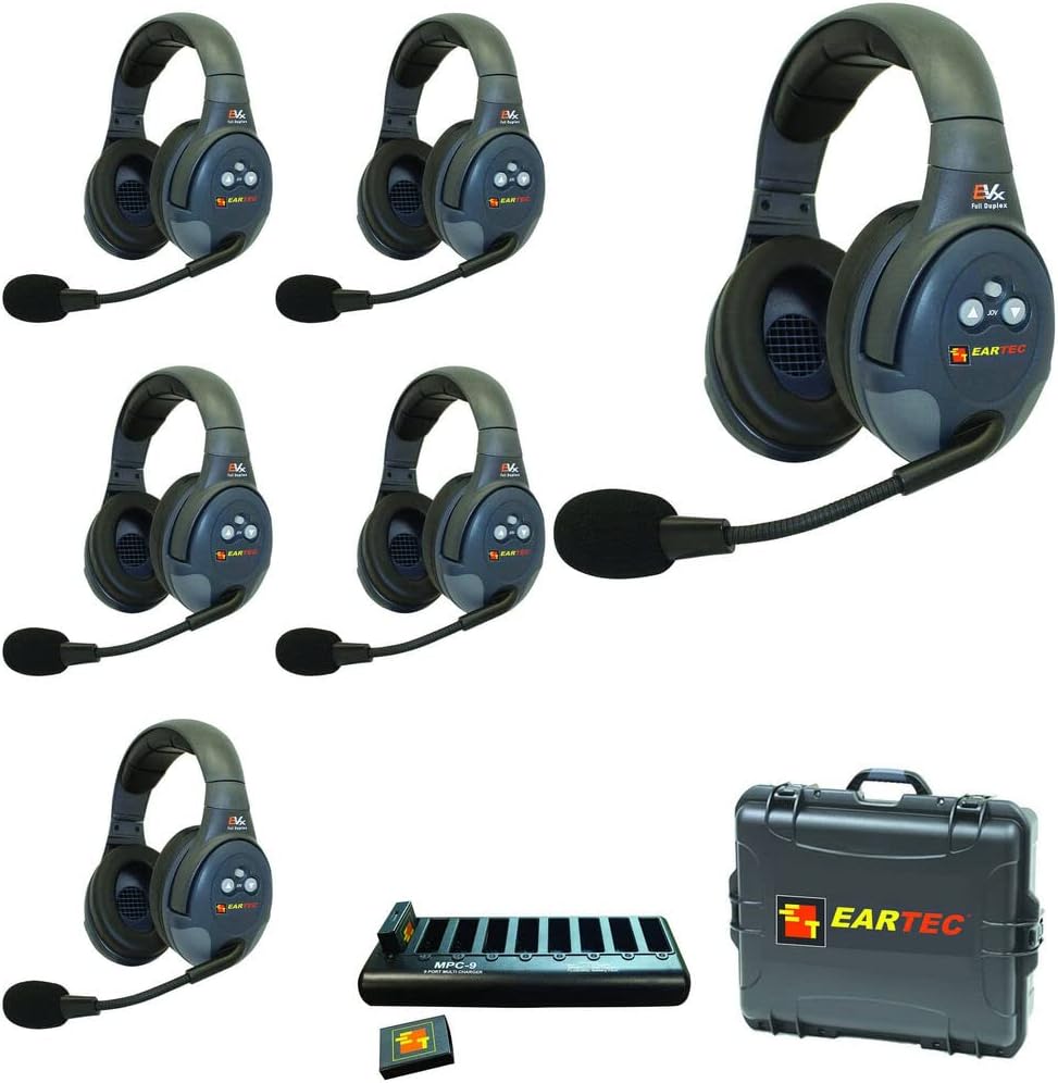 EARTEC Evade EVX6D Full-Duplex Wireless Intercom System with 6 Dual-Ear Headsets (2.4 GHz) with Goby Labs Spray for Mics/Headphones and Kellards Screening Cleaning Wipes (5-Pack)
