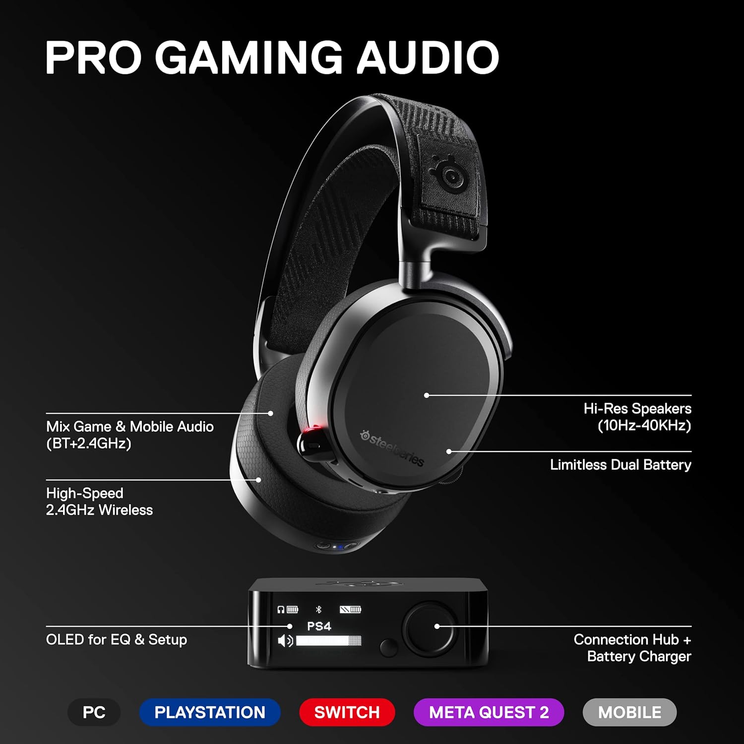 SteelSeries Arctis Pro Wireless Gaming Headset - High Fidelity 2.4 GHz Wireless - Mixable Bluetooth - Non-Stop Dual Battery - OLED Base Station - AI Noise Canceling Mic - PC, PS5, PS4, Mobile - Black