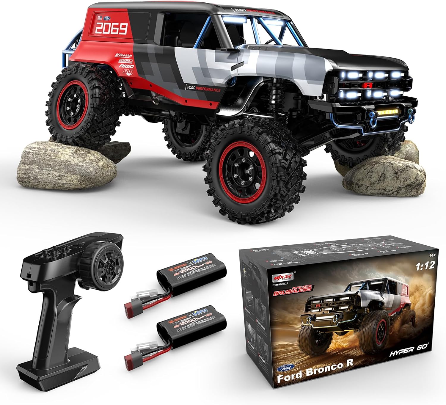 MJX H12P 1/12 Ford Bronco R Brushless RC Crawlers for Adults, Waterproof 4X4 Off-Road RC Rock Trucks with Portal Axles, Hard Case Licensed Remote Control Truck, RTR All Terrain RC Cars with 2 Battery
