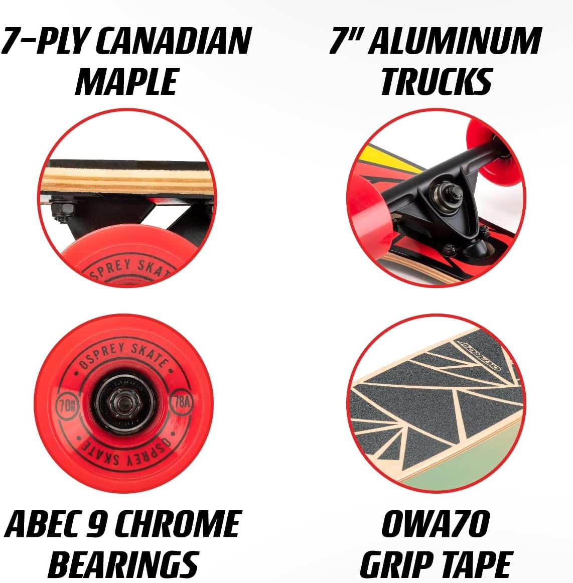 Osprey Twin Tip Longboard 39 inch Canadian Maple Deck, Complete Skateboard, for Adults, Kids and Beginners, Multiple Colours