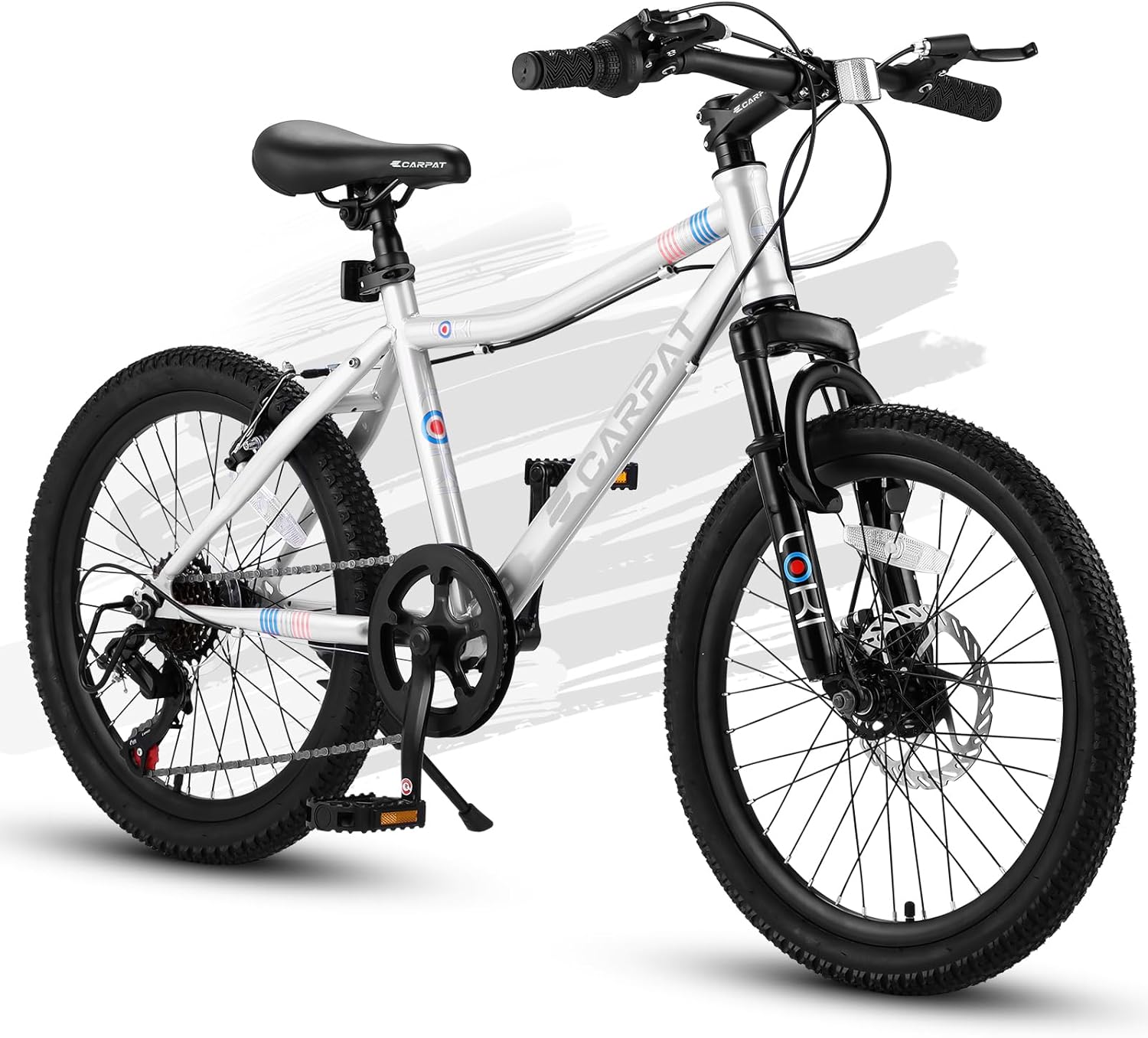20 Inch Kids Mountain Bike, 7-Speed Gears, Front Suspension Fork, Disc Brake, for Boys and Girls Ages 8-12, All-Terrain Bicycle for Outdoor Trail Riding, White