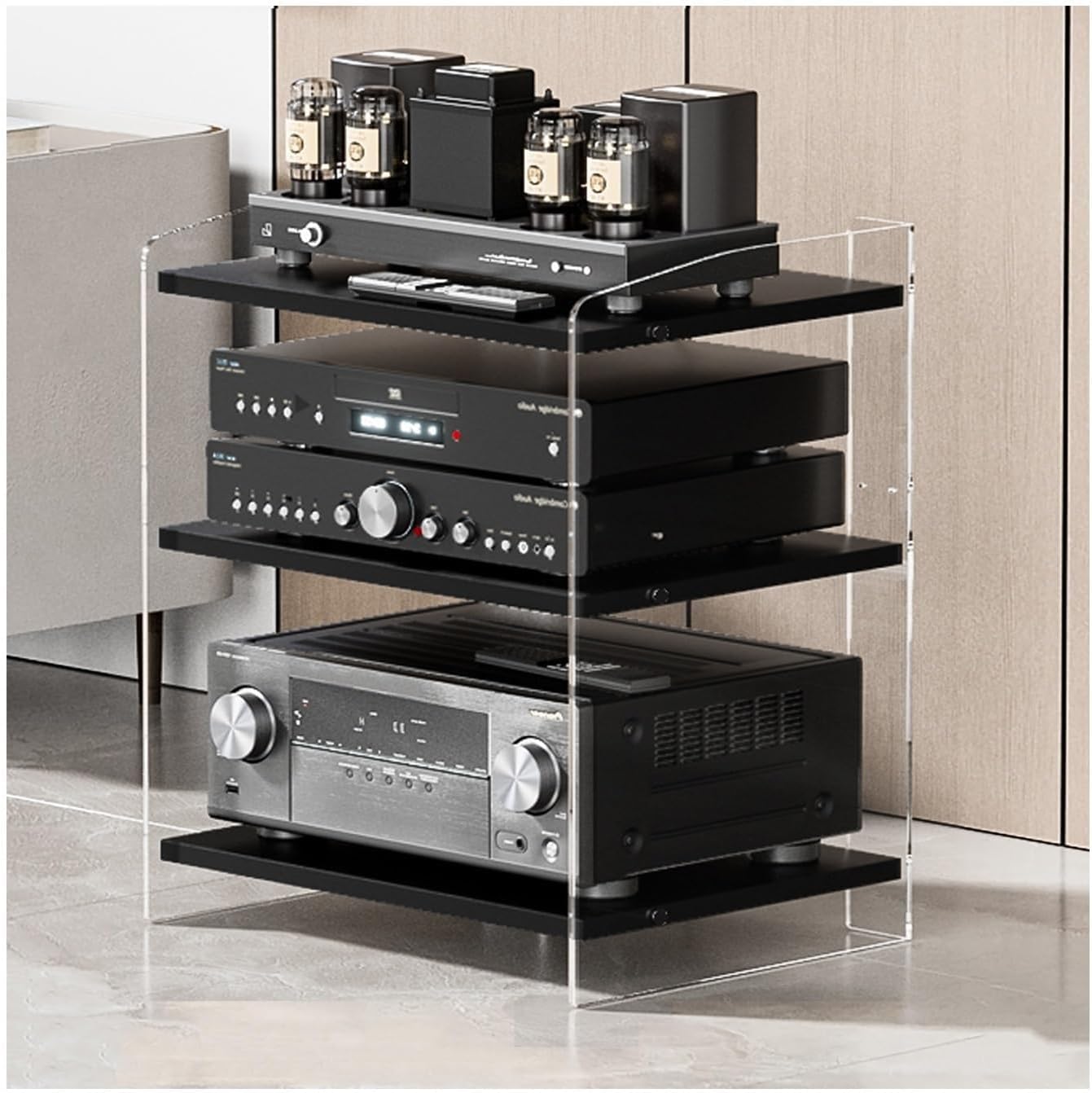 AV Media Stand with Adjustable Shelves Modern Acrylic Stereo Rack Audio Rack Tower Stereo Component Storage Cabinet Solid Construction(Clear