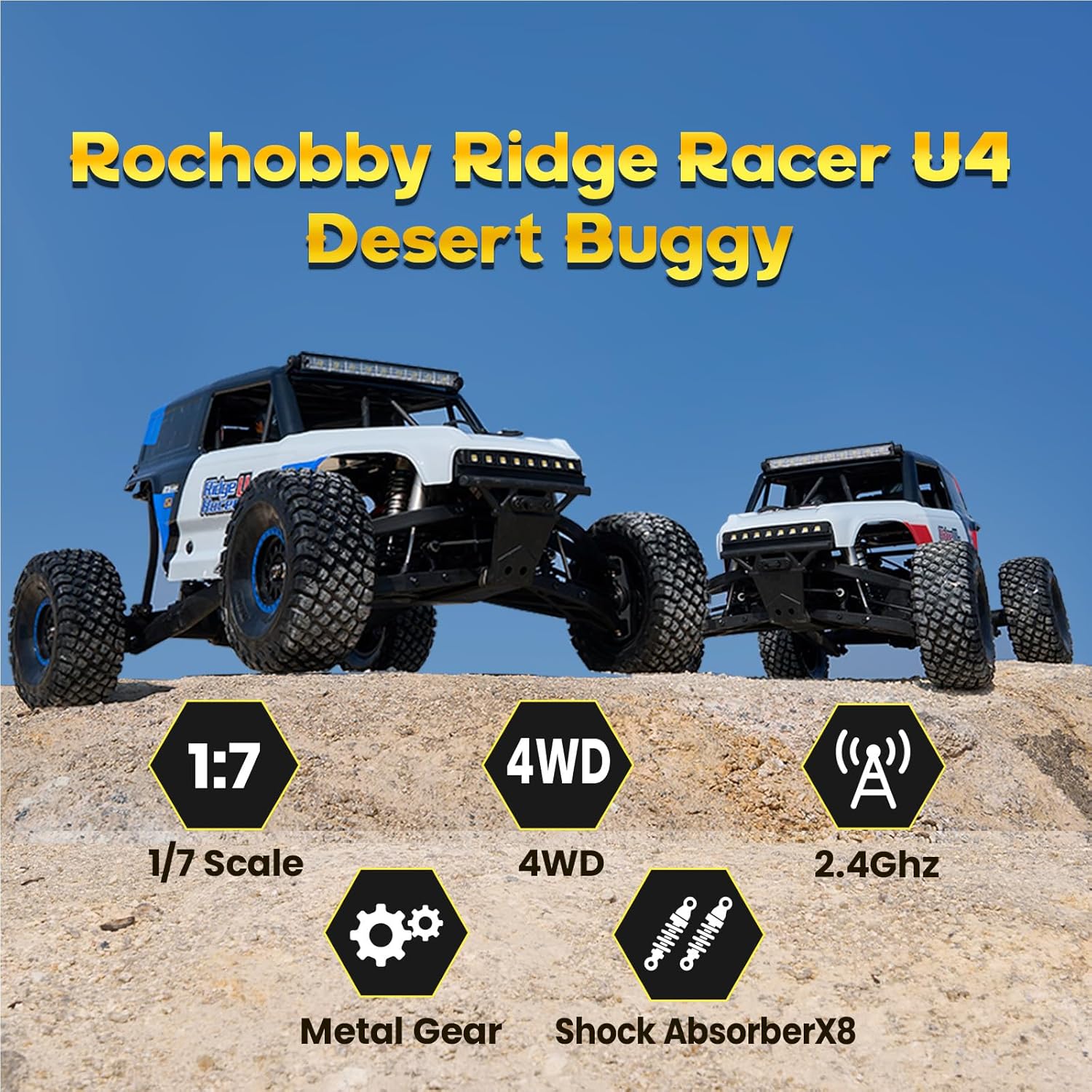 Rochobby Ford Bronco 1/7 Ridge Racer U4 RC Crawler, 4WD Brushless RC Truck, Fast Speed Desert Buggy 80km/h, RC Rock Crawler for Adults (Blue)