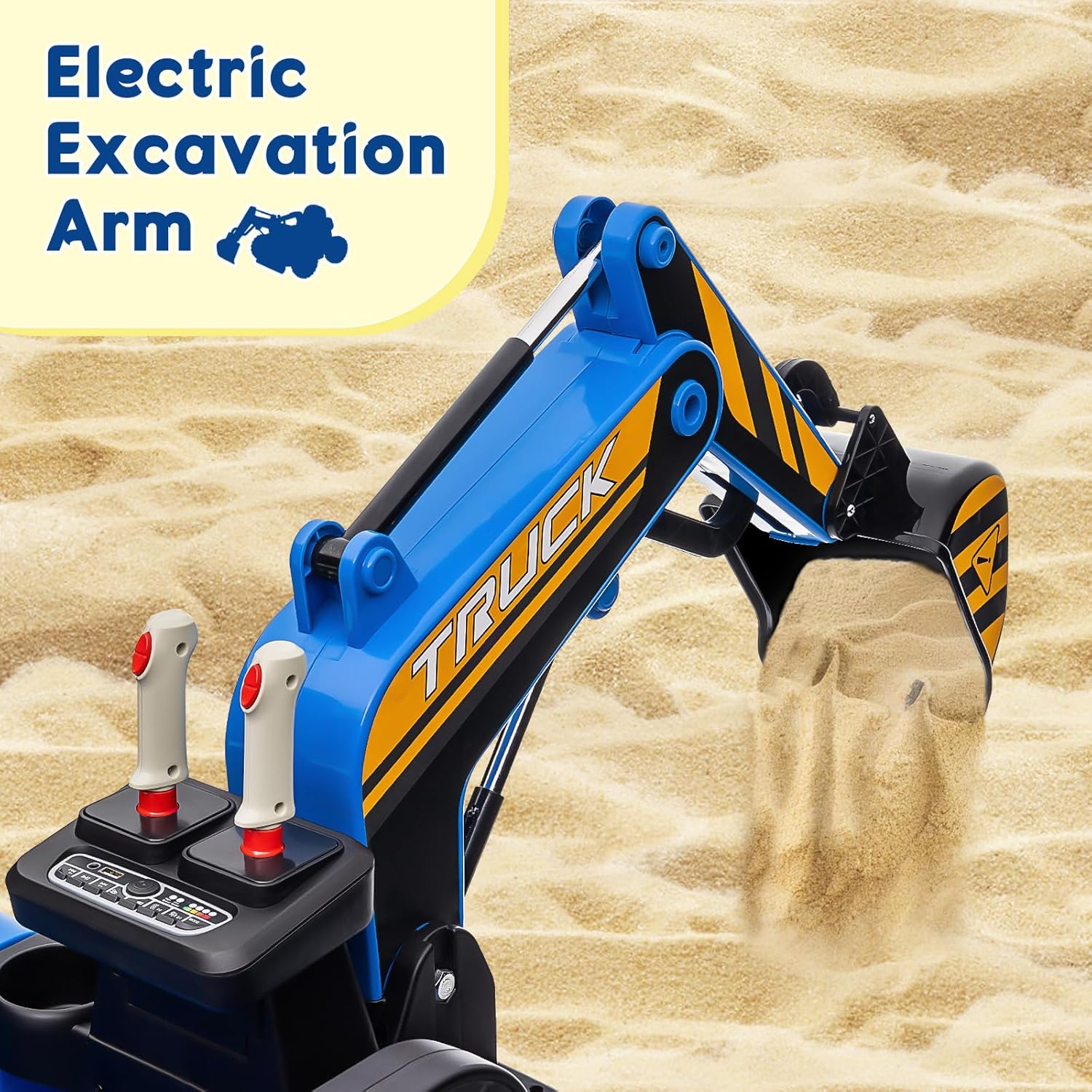 Hetoy Ride On Excavator for Kids, 4WD Electric Excavator Toy, 12V Battery Powered Construction Truck Digger with Remote Control. Spring Suspension, Bluetooth for Toddlers Over 37 Months, Blue