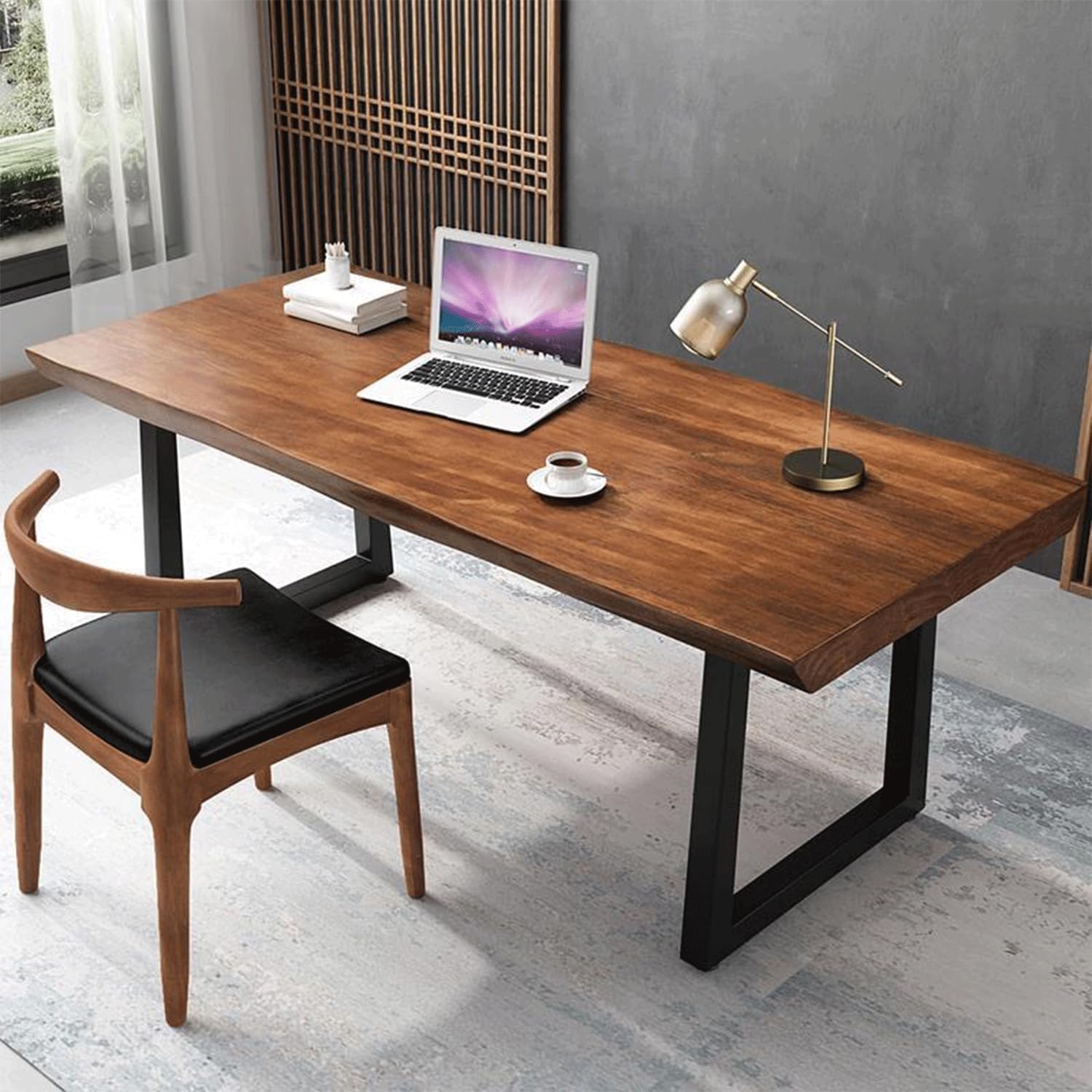 Modern Minimalist Solid Wood Office Desk with Metal Base Easy to Assemble Durable Writing Table Dining Table Computer Desk Multiple Ideal for Living Room and Dining Room (63inch)