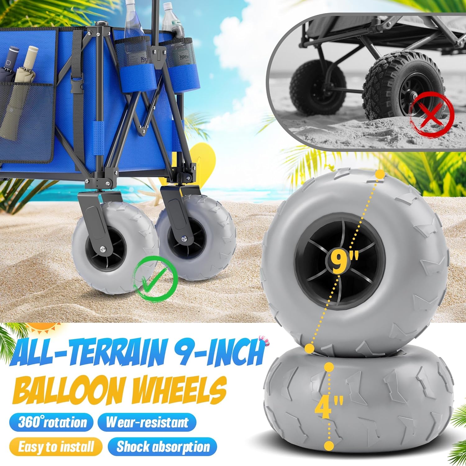 Beach Wagon with Big Wheels for Sand, 350lbs Heavy Duty Folding Wagon, Oversized 180L, 9